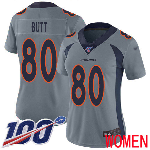 Women Denver Broncos #80 Jake Butt Limited Silver Inverted Legend 100th Season Football NFL Jersey